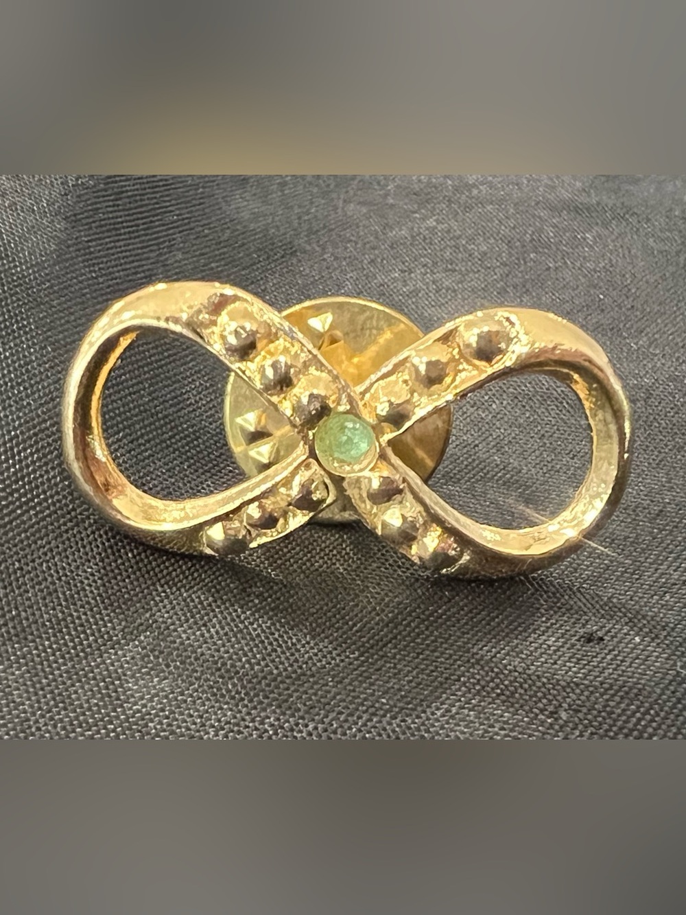 Vintage Gold Infinity Brooch with Green Stone - Women Jewelry